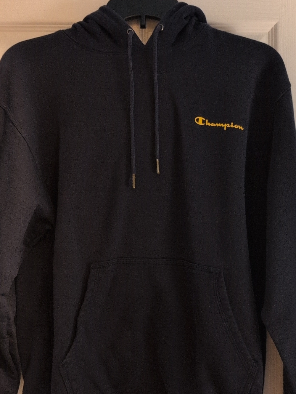 Champion Navy Hoodie with Yellow Script Logo